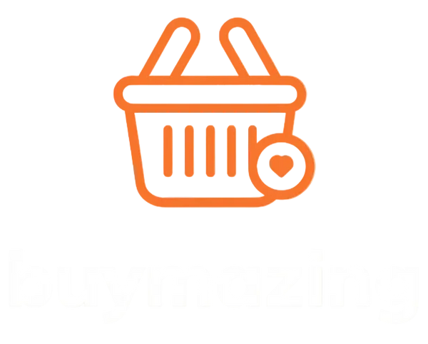 Blue shopping cart icon with 'buymazing' text on a white background